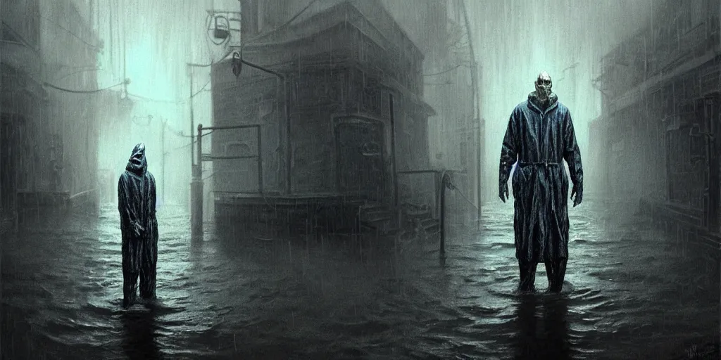 Image similar to ( ( ( ( lovecraftian innsmouth dweller ) ) ) ) dressed in raincoat, mutant fishman, old male, old sailor, dark atmosphere, lynchian atmosphere, masculine, upper body, highly detailed, digital painting, artstation, concept art, matte, sharp focus, illustration, art by artgerm and greg rutkowski and beksinski