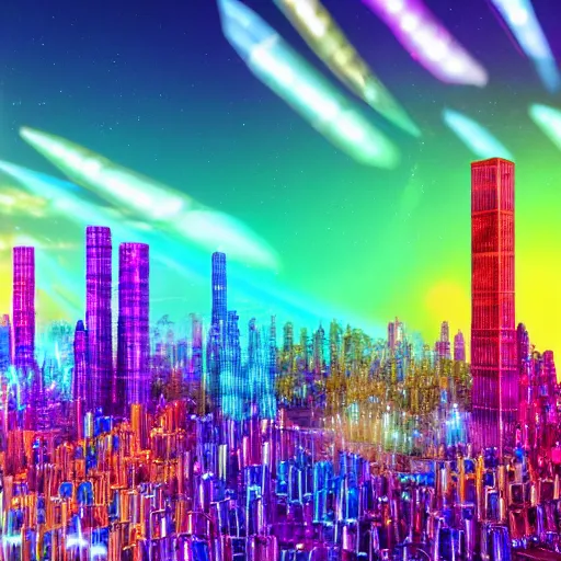 Prompt: astonishing cristal city made out of gemstones, colorful, lens flare, high constrast, brightness, highly detailed, 3D render