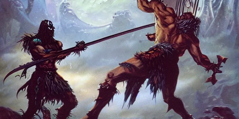 Image similar to the undead barbarian warrior fights a god, night scene, concept art by boris vallejo and michael whelan