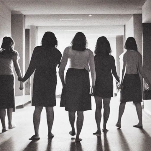 Prompt: A group of women sleepwalking along an unlit college dorm hallway, photorealistic