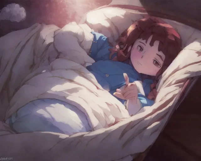 Image similar to a brunnete girl with blue eyes and puffy cheeks lying happy in her bed, close up shot from the top, anime art, Greg Rutkowski, studio ghibli, dramatic lighting