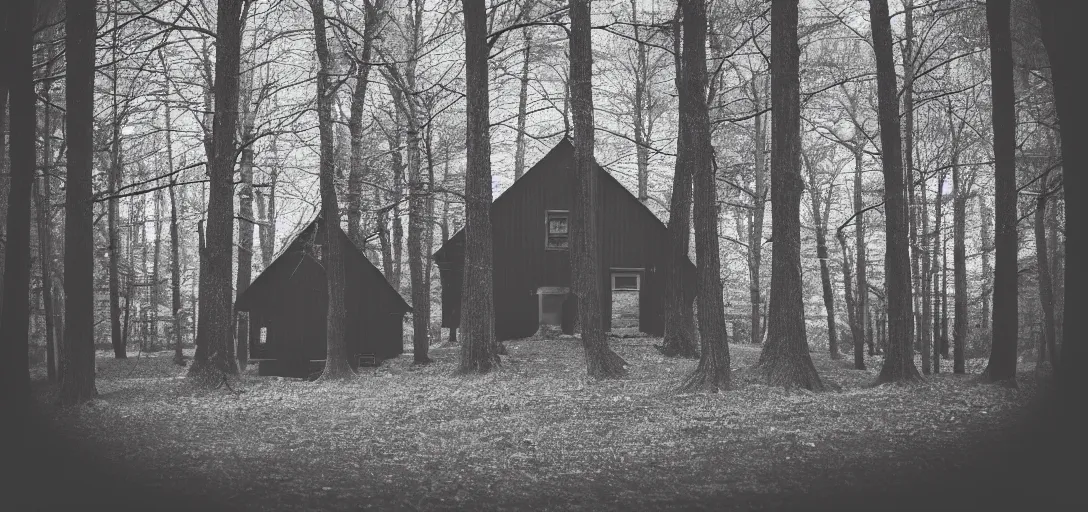 Prompt: black house in the wood, monochrome, analogue photo quality, blur, unfocus, cinematic, polaroid, 35mm