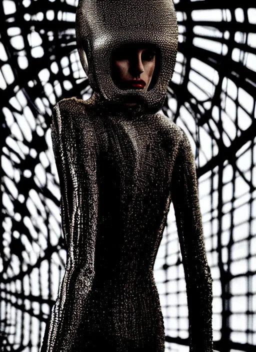 Image similar to walking down the catwalk, steven klein, show, stage, vogue photo, podium, fashion show photo, iris van herpen, beautiful woman, full body shot, helmet on face, masterpiece, plant predator, giger, guyver, jellyfish, biomechanical details, tarkovsky, movie still, fauvism, cinestill, bokeh, gelios lens