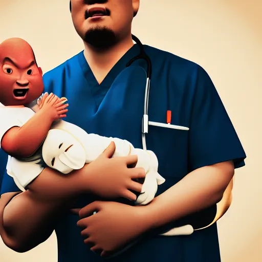 Image similar to shocked asian man holds baby shaquille o ’ neal at hospital, he can ’ t believe his eyes, award winning art, pixar, 3 d render, unreal engine