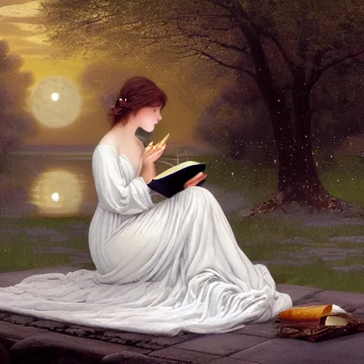 Prompt: a girl in white nightgown reading a book by the river, a full moon on the horizon, dark starry sky, golden orbs and fireflies, illustration, dramatic lighting, painting oil on canvas, art nouveau, 8 k, hd, by edmund blair leighton, brom, charlie bowater, trending on artstation, faces by tom bagshaw, sargent