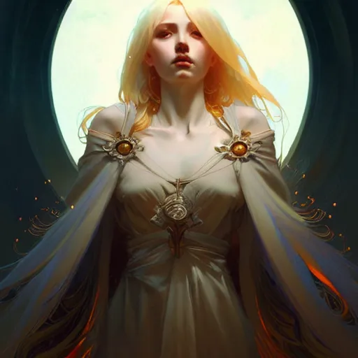 Image similar to An angelic girl with blonde hair, glowing halo, surrounded by crows, fantasy, intricate, elegant, highly detailed, digital painting, artstation, concept art, smooth, sharp focus, illustration, art by Krenz Cushart and Artem Demura and alphonse mucha