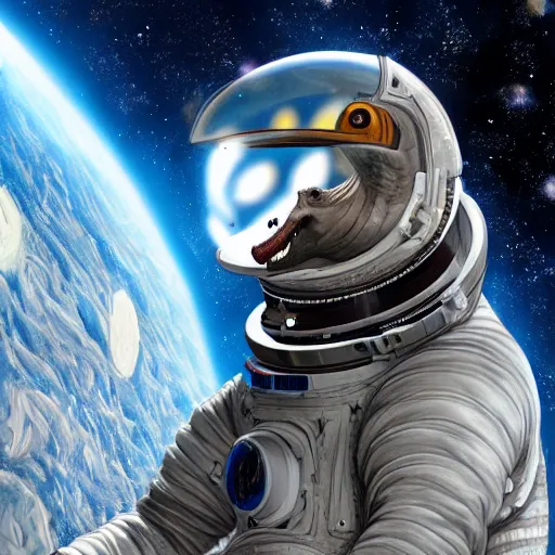 Image similar to a hyper realistic digital painting of a dinosaur in an space suit in space