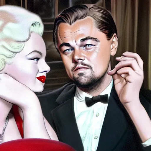 Image similar to leonardo dicaprio and marilyn monroe at a paris restaurant in 2 0 2 2, hyper realistic, ultra detailed, 8 k, cinematic