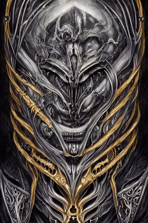 Image similar to Elden Ring and Doom themed painting of majestic chromatic biomechanical anatomical hybrid beautiful ethereal angel symmetrical neutral black metal corpsepaint mask closeup face tattoo pattern golden ratio concept, Neo-Gothic concept, infinity glyph waves, intricate artwork masterpiece, very coherent artwork, cinematic, full frontal facial features by Artgerm, art by H.R. Giger, Joseph Michael Linsner, Zdizslaw Beksinski, Johnatan Wayshak, Moebius, Ayami Kojima, very anatomically coherent artwork, trending on cgsociety, ultra high quality model, production quality cinema model, high detail chromatic ink outline, octane render, unreal engine 8k, hyper realism, high detail, octane render, unreal engine, 8k, High contrast