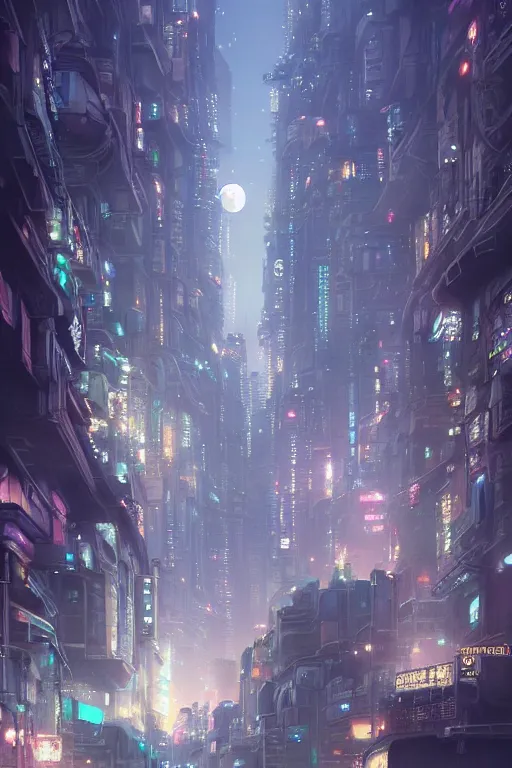 Image similar to a highly detailed matte painting of a city under moon and stars by studio ghibli, makoto shinkai, by artgerm, by wlop, by greg rutkowski, volumetric lighting, cyberpunk, octane render, 4 k resolution, trending on artstation, masterpiece