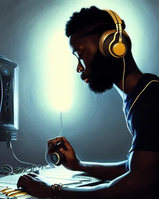 Image similar to light skin black man with headphones at his home studio producing music late at night, very detailed, 4 k, concept art like ernest khalimov, intricate details, highly detailed by greg rutkowski, ilya kuvshinov, gaston bussiere, craig mullins, simon bisley