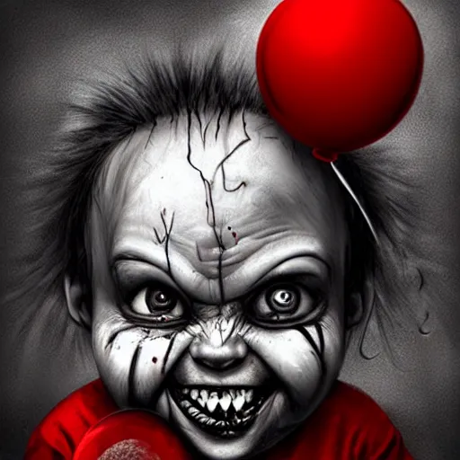 Image similar to surrealism grunge cartoon portrait sketch of chucky with a wide smile and a red balloon by - michael karcz, loony toons style, mad max style, horror theme, detailed, elegant, intricate