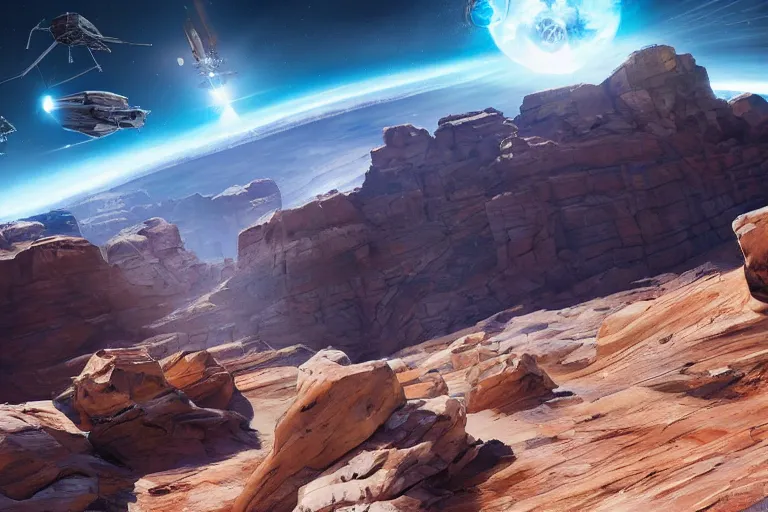 Prompt: spacecraft speed race road into the mountain rocks like grand canyon. Illustration by Blizzard and Ubisoft