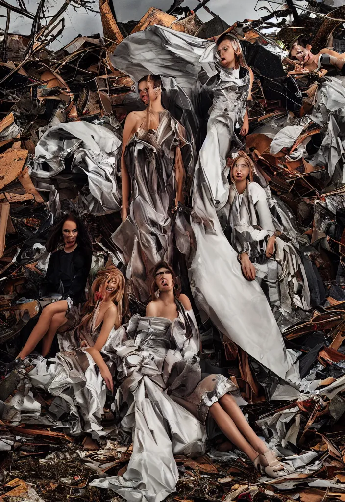 Image similar to fashion editorial in a tornado. wide angle shot. highly detailed.