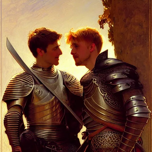 Image similar to attractive arthur pendragon and his attractive male knight, they are in love, natural lighting, path traced, highly detailed, high quality, digital painting, by gaston bussiere, craig mullins, alphonse mucha j. c. leyendecker