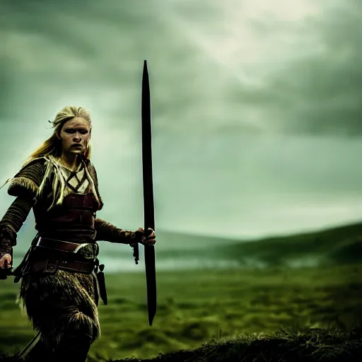 Image similar to a photograph of viking shield maiden in the battlefield, action movie, movie still, cinematic, filmic, dramatic, volumetric light