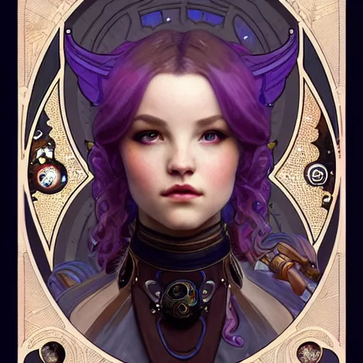Prompt: full portrait of space pirate played by a woman who is a perfect mix of lalisa gray and dove cameron, fantasy, d & d, intricate, detailed, by by alphonse mucha, adolfo hohenstein, alice russell glenny, stanley artgerm lau, greg rutkowski, detailed, trending on artstation, trending on artstation, smooth