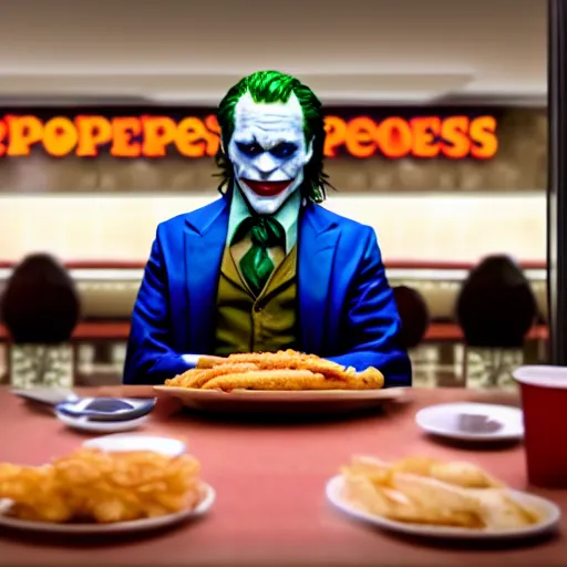 Image similar to cinematic shot of the joker sitting at a table in a popeyes restaurant and eating chicken tenders, 8 k, very detailed, very intricate,