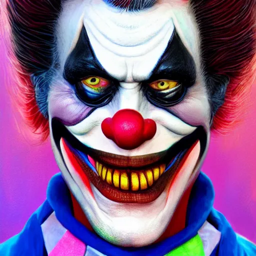 Image similar to willem dafoe wearing bizarre clown makeup, and intricate clown costume, by rossdraws, vivid colors, soft lighting, digital artwork, uhd, best of artstation