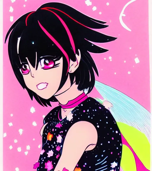 Prompt: beautiful portrait of a black bobcut hair style magical girl in a blend of 8 0 s anime - style art, vibrant composition and color, by hiroyuki mitsume - takahashi, pastel colors, hand - drawn animation, cel shading, parallel hatching, highly detailed, bokeh