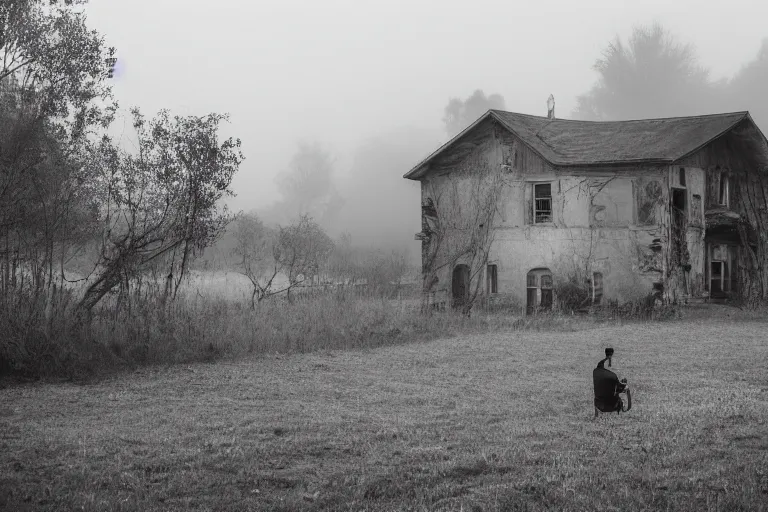 Prompt: a tourist taking a photo of an abandoned farmhouse, cinematic shot, foggy, photo still from movie by denis villeneuve