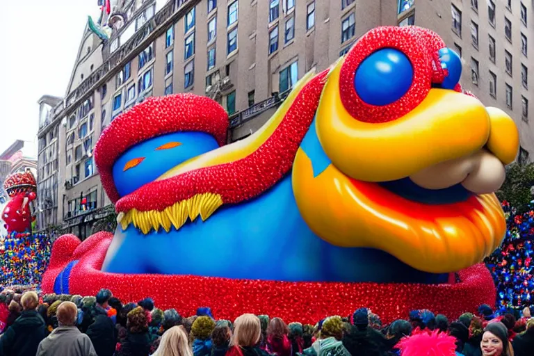 Image similar to photo of giant beautiful elaborate parade float character designed by ( ( ( ( ( ( ( ( eric carle ) ) ) ) ) ) ) ) and wes anderson!!!!!!!!!!!!!!, in the macys parade, detailed 4 k photo,