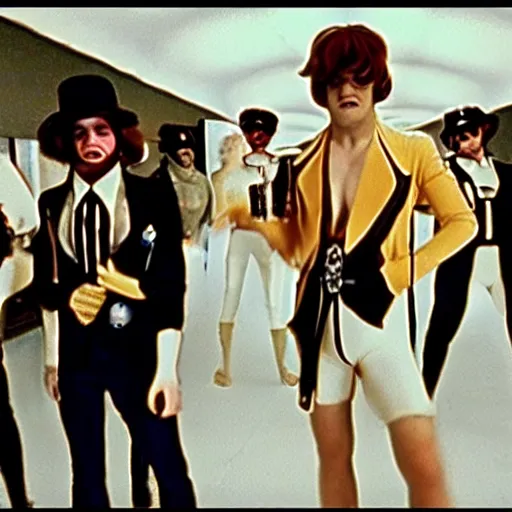 Image similar to A film still from a A Clockwork Orange 1971 Stanley Kubrick movie about league of legends cosplayers. Realism. 4k. 8mm. Grainy. Panavision