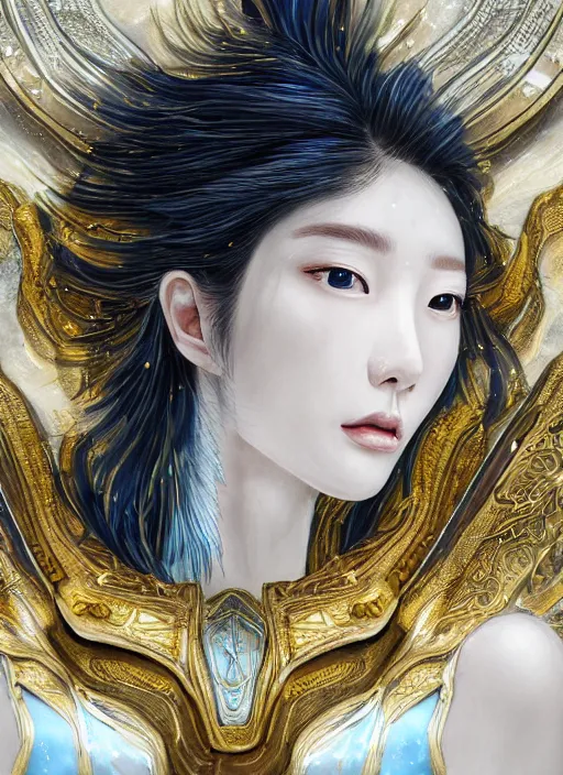 Prompt: side portrait of a Korean female Celestial Goddess, scifi, interstellar deep space hair, gold and royal blue luxurious armour, trending on artstation, gsociety, elegant, chic, high-end, ethereal and dreamy theme, she is submerged in Pamukkale, thermal waters flowing down white travertine terraces, highly detailed, realistic eyes, detailed illustration, smooth, sharp focus, upper body, intricate, rule of thirds, holy glow, backlit, ethereal background, 4k, by Greg Rutkowski, Alphonse Mucha, Ayami Kojima, Charlie Bowater, Artgerm, Loish, Kentaro Miura, Karol Bak, Greg Hildebrandt, Norman Rockwell