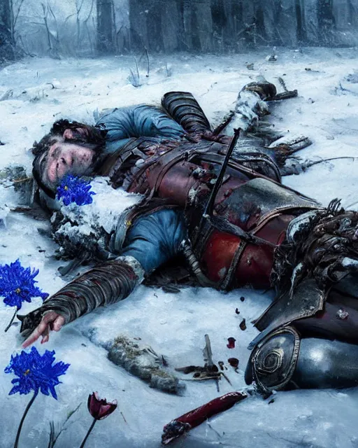 Image similar to Highly realistic oil painting of a wounded knight lying in the snow and surrounded by blue flowers, blood on flowers, by greg rutkowski, highly detailed, cinematic lighting, moody, dark