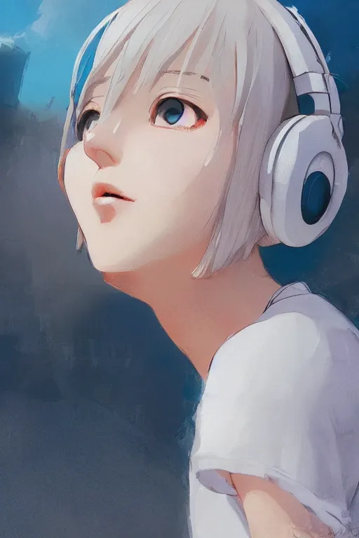 Image similar to a cute young woman listening to music with her eyes closed and wearing headphones in the style of Ilya Kuvshinov and Range Murata, white bob cut hair, freckles, blue filter, blue and white, vivid colors, soft lighting, cinematic, moody, nier automata, poster, oil on canvas by Krenz Cushart, 8k