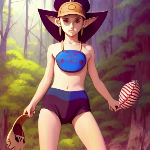 Image similar to beautiful boyish natalie portman gravure model in majora's mask, wearing wooden mask and baseball cap and leotard, street wear with subtle mayan patterns, aztec bathing suit, gapmoe yandere grimdark, trending on pixiv fanbox, painted by greg rutkowski makoto shinkai takashi takeuchi studio ghibli, akihiko yoshida