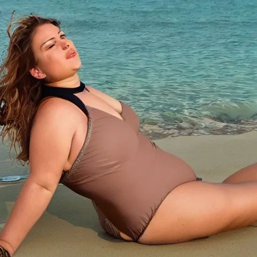 Image similar to a curvy woman with light brown hair and green eyes lounging at the beach wearing a one - piece swimsuit