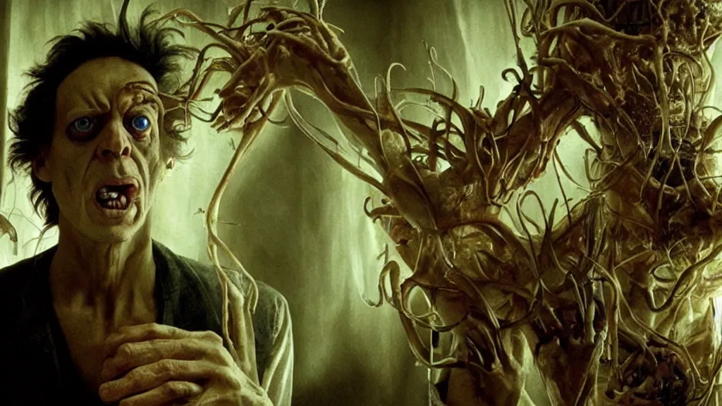 Image similar to a mad scientist creates a creature, film still from the movie directed by denis villeneuve and david cronenberg with art direction by salvador dali and karol bak, wide lens