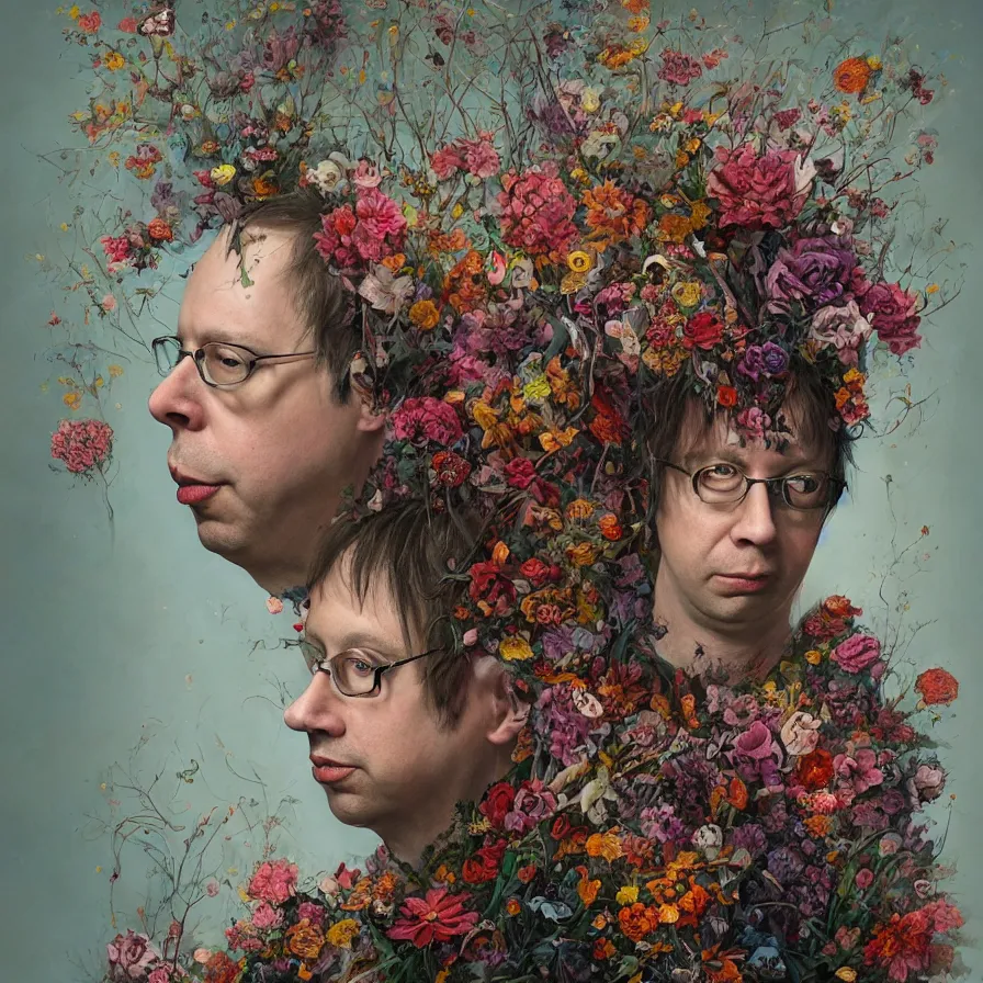 Prompt: todd solondz john zorn, male portrait of the john zorn todd solondz of the underworld puking blood, surrounded by flowers by karol bak, james jean, tom bagshaw, rococo, trending on artstation, cinematic lighting, hyper realism, octane render, 8 k, hyper detailed.