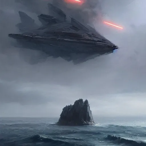 Prompt: star wars concept art by greg rutkowski, low shot a palatial and imposing grey wide rectangle emerging from the sea in the middle of a ocean landscape, enigmatic atmosphere, beautiful and cinematic lighting, artstation hq.