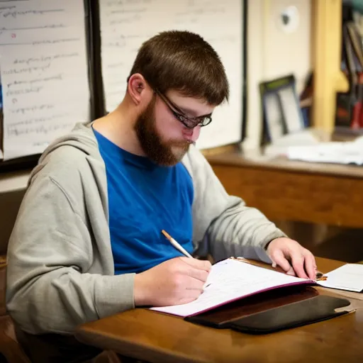 Prompt: Ethan Smith writing his next guide, (EOS 5DS R, ISO100, f/8, 1/125, 84mm, postprocessed, crisp, facial features)