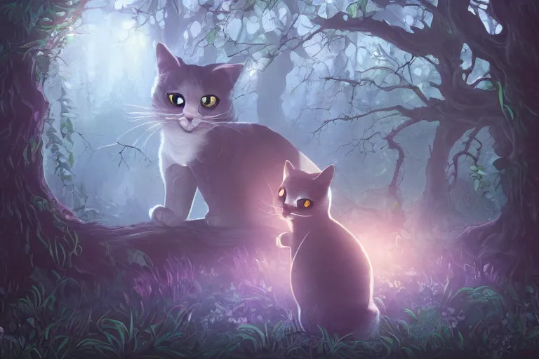 Image similar to a cat in a dark forest, highly detailed, digital art, trending on artstation, backlighting, by kawacy, by ken sugimori, fan art