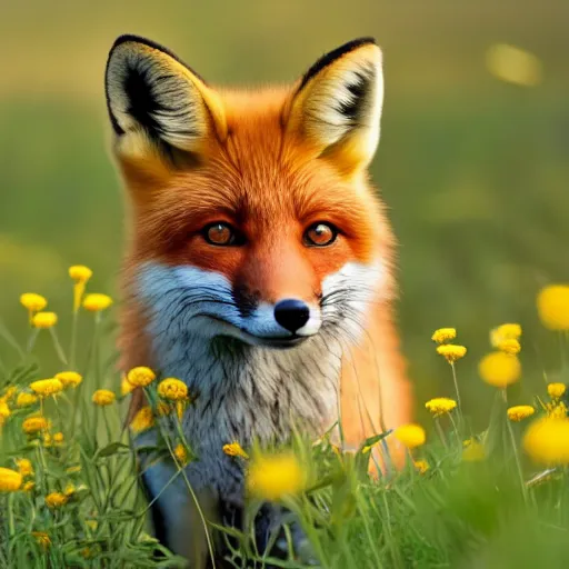 Image similar to A fox in a field of dandelions, golden hour, 50mm close up, beautiful, f/11, bokeh depth of field