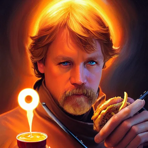 Prompt: Luke Skywalker eating big macs, dripping BBQ Sauce, serving happy meals, D&D, spilling ketchup, fantasy, intricate, elegant, highly detailed, digital painting, artstation, concept art, matte, sharp focus, illustration, hearthstone, art by Artgerm and Greg Rutkowski and Alphonse Mucha