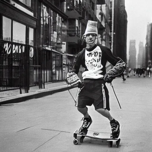 Prompt: bart simpson skating down the streets of manhattan in 1 9 3 0 wearing streetwear