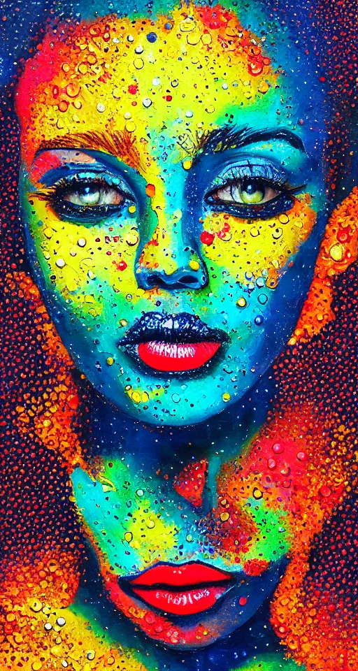 Image similar to intricate face with dots of paint melting in to a colorful painting made of gouache impasto