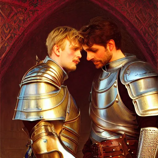 Image similar to attractive arthur pendragon and his attractive male knight, they are in love, natural lighting, path traced, highly detailed, high quality, digital painting, by gaston bussiere, craig mullins, alphonse mucha j. c. leyendecker