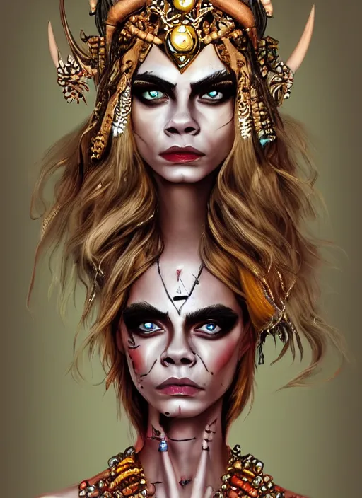 Image similar to cara delevingne as a voodoo priestess, detailed digital art, trending on Artstation