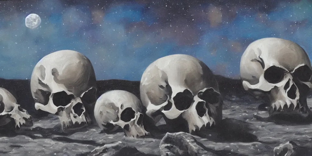 Image similar to a few giant skulls on the moon, oil on canvas