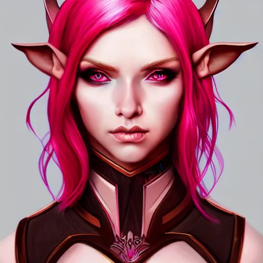 Image similar to half elf woman, beautiful, short pink hair, deep crimson eyes, digital art, smooth, character drawing, artstation, highly detailed, symmetry