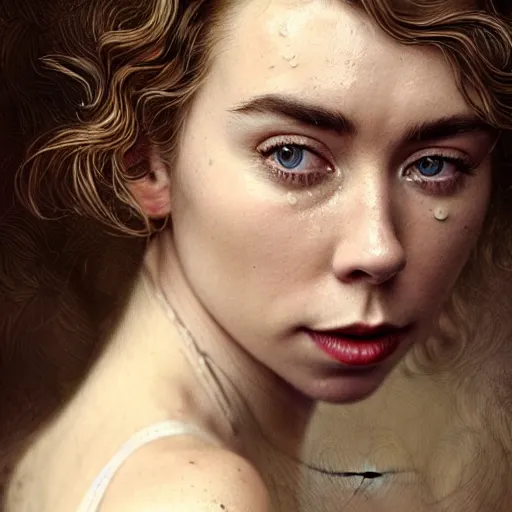 Image similar to stunning photo of vanessa kirby, dark - haired goddess with tears running down her face,, a beautiful closeup, wet lips, perfect eyes, insanely detailed, elegant, by mucha, wlop, rutkowski, livia prima