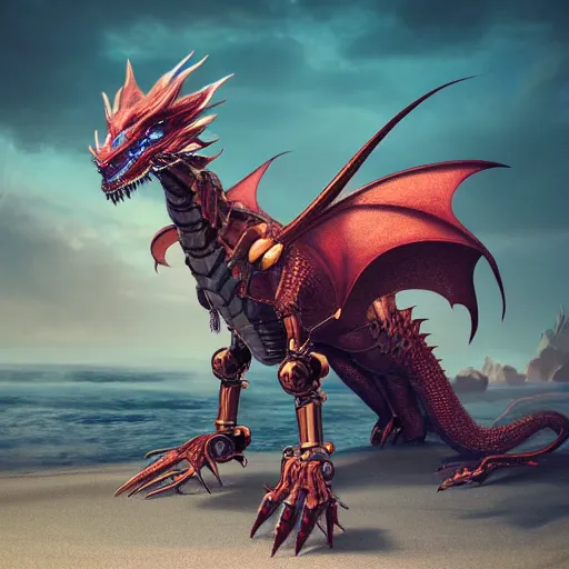 Image similar to a highly detailed beautiful anthropomorphic robot female dragon with smooth and streamlined armor, standing and posing elegantly, with sharp claws on her hands and feet, long tail with a blade on the end, on the beach, artstation, DeviantArt, professional, octane render