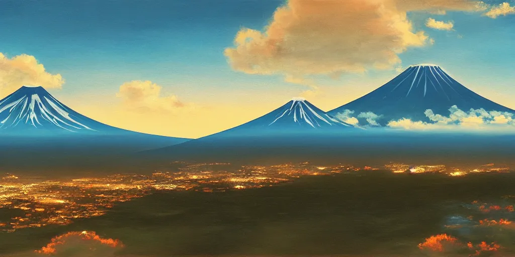 Image similar to Mount Fuji, cinematic angle, studio Ghibli, cinematic lighting, detailed oil painting, hyperrealistic, 8k