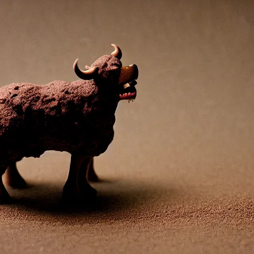 Image similar to a cinematic film still of a claymation stop motion film starring bull murray, shallow depth of field, 8 0 mm, f 1. 8