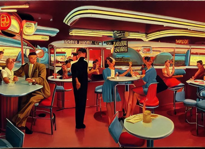 Image similar to diorama, diner, 1950s,jukebox,8K, by syd mead